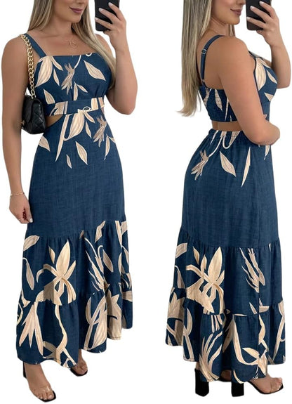 Effortlessly Elegant: Sleeveless Boho Square Neck Cut Out Maxi Dress in Classic Black