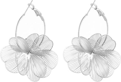 GAXAYA Dangle Flower Earrings - Elegant Gold-Tone Floral Hoop Jewelry for Women