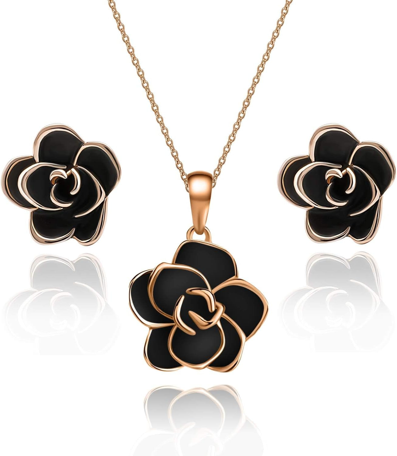 18K Gold Plated Hypoallergenic Rose Flower Necklace Earrings Set 