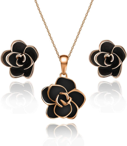 18K Gold Plated Hypoallergenic Rose Flower Necklace Earrings Set 