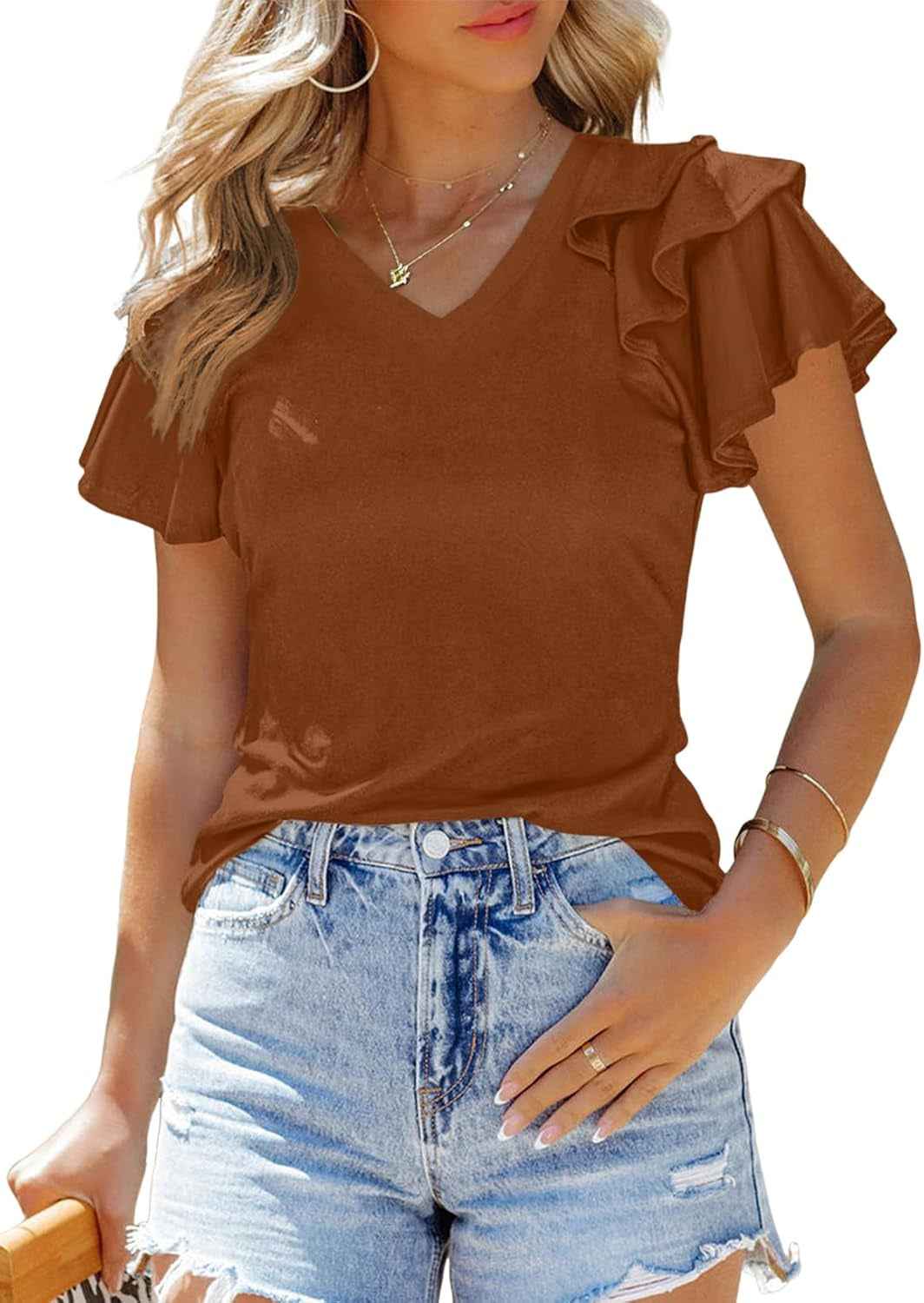 Women's Casual Slim Fit Ruffle Short Sleeve Top
