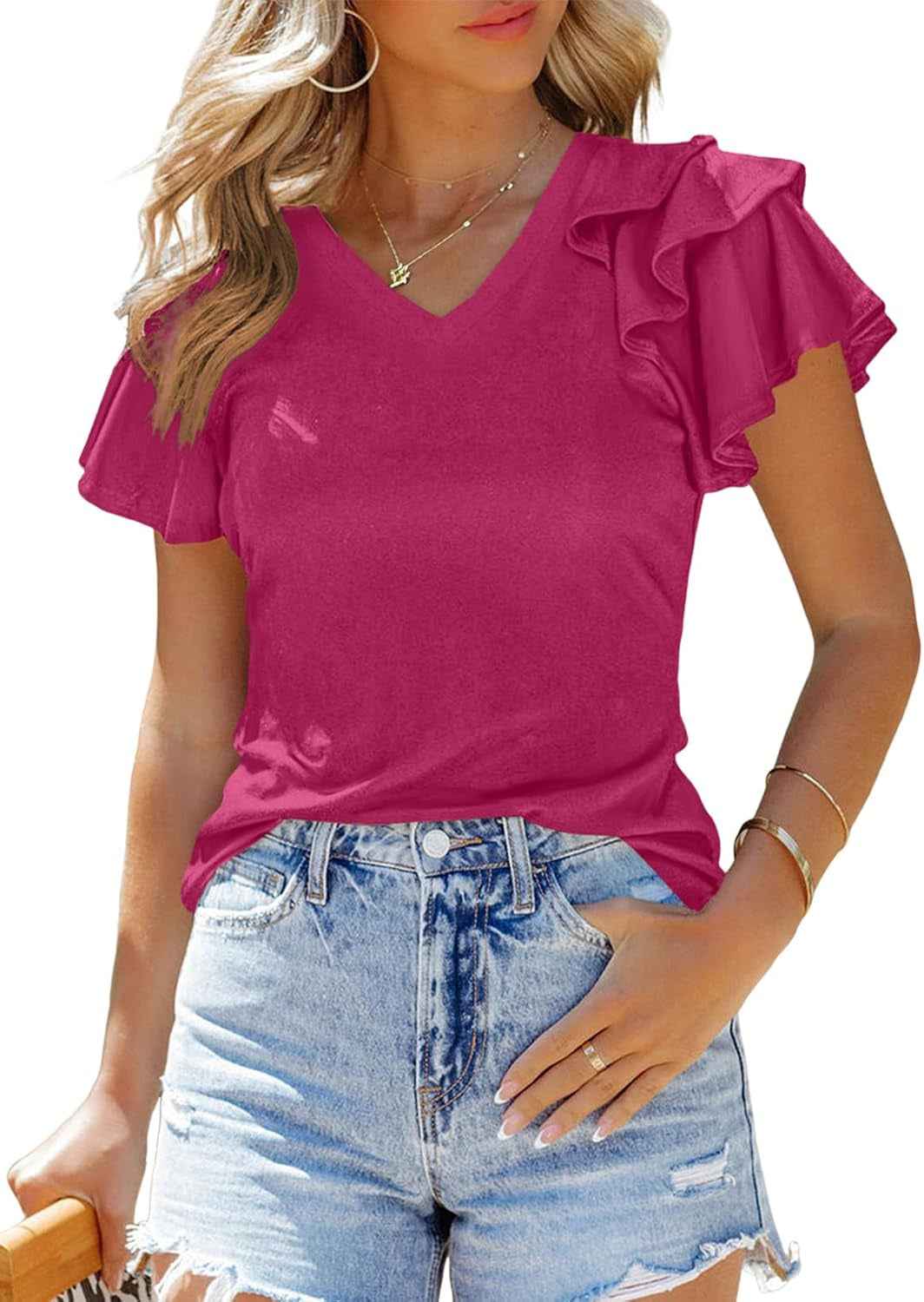 Women's Casual Slim Fit Ruffle Short Sleeve Top