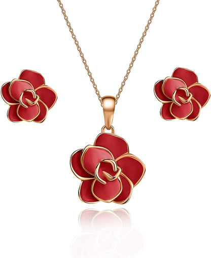 18K Gold Plated Hypoallergenic Rose Flower Necklace Earrings Set 