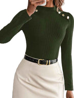 Women's Plain Button Decor Mock Neck Tee - Cyndora