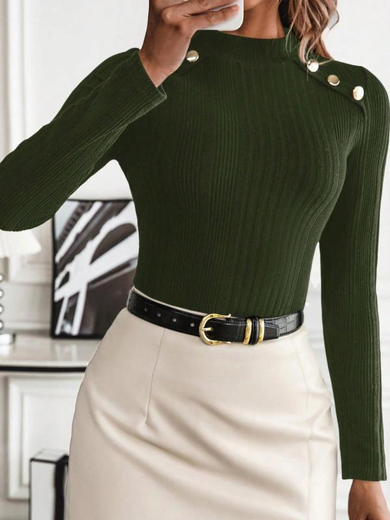 Women's Plain Button Decor Mock Neck Tee