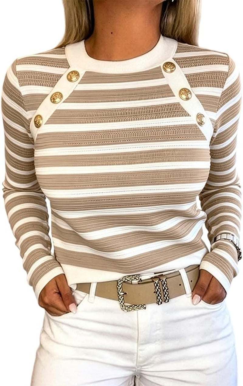 French Stripe Crewneck Knit Sweater with Gold Button Accents