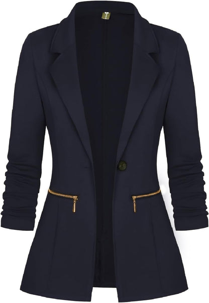 Women’s Long Sleeve Open Front Blazer Cardigan Jacket with Zipper Pockets