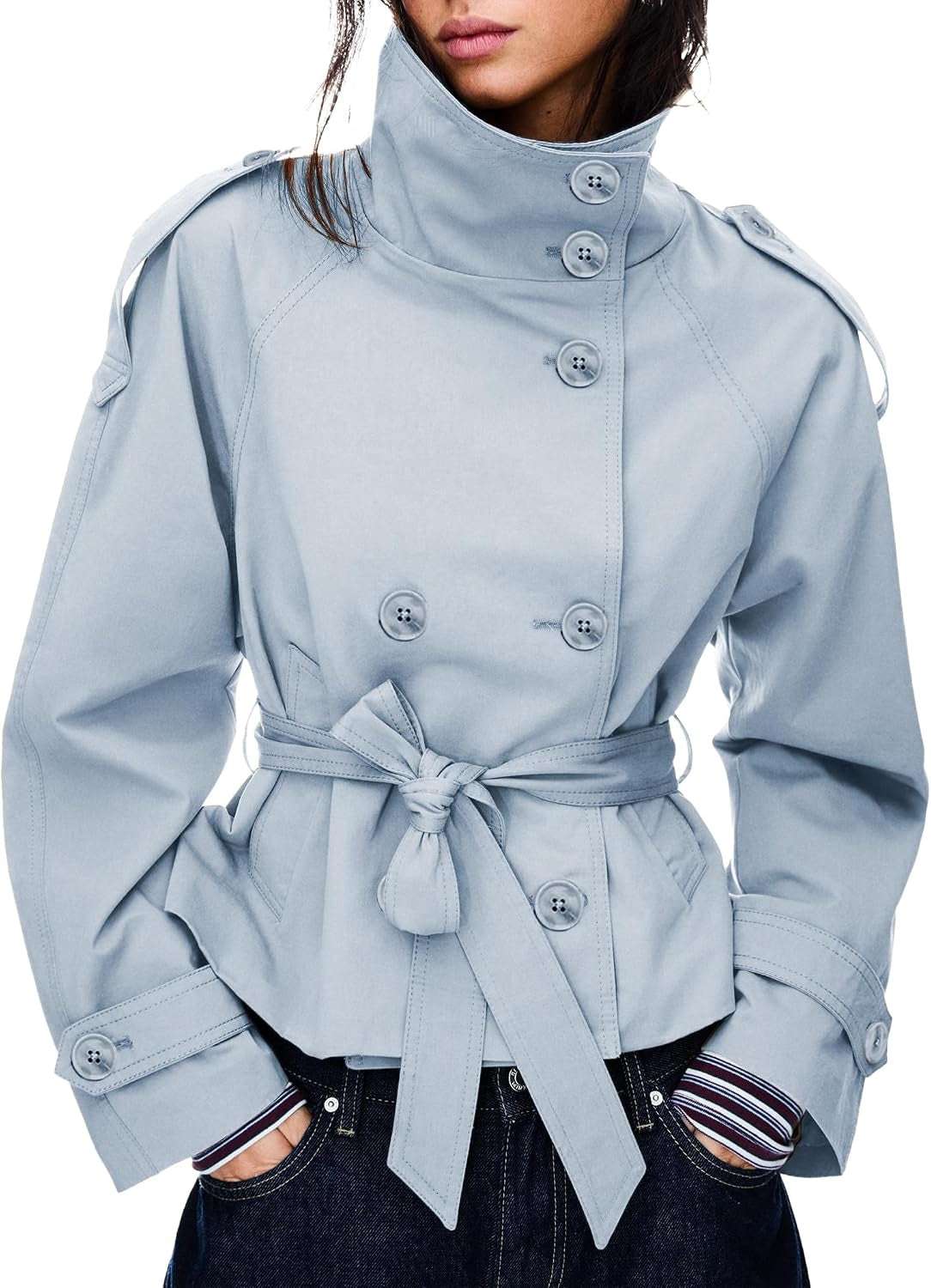 Double-Breasted Cropped Trench Coat with Removable Belt