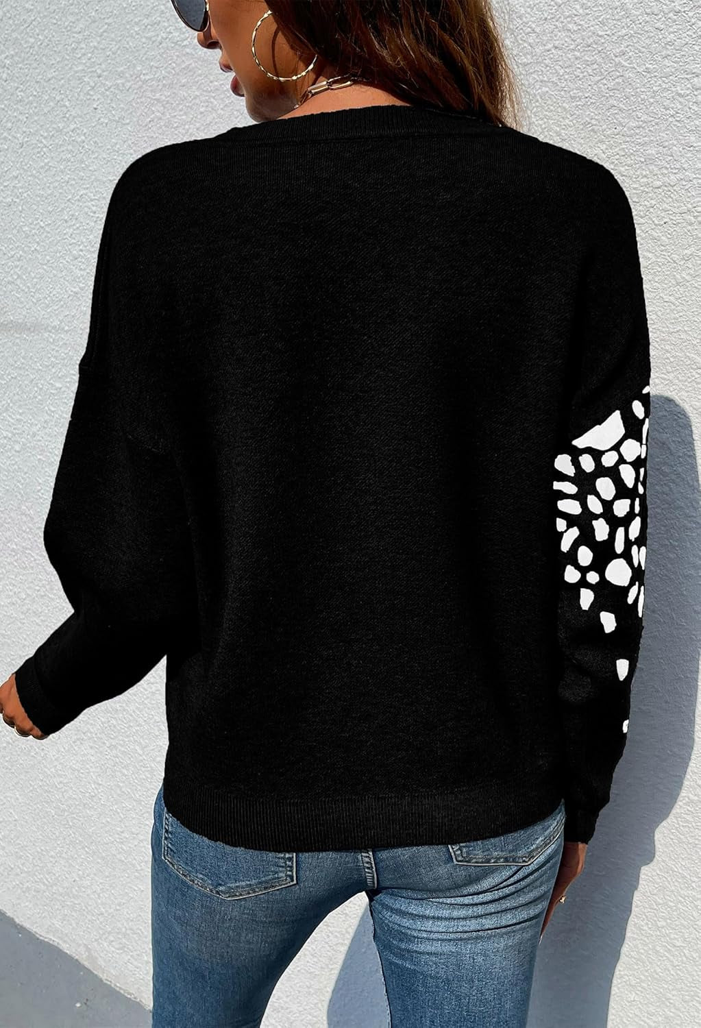 Women's Knitted Leopard Printed Patchwork Long Sleeve Cropped Sweater