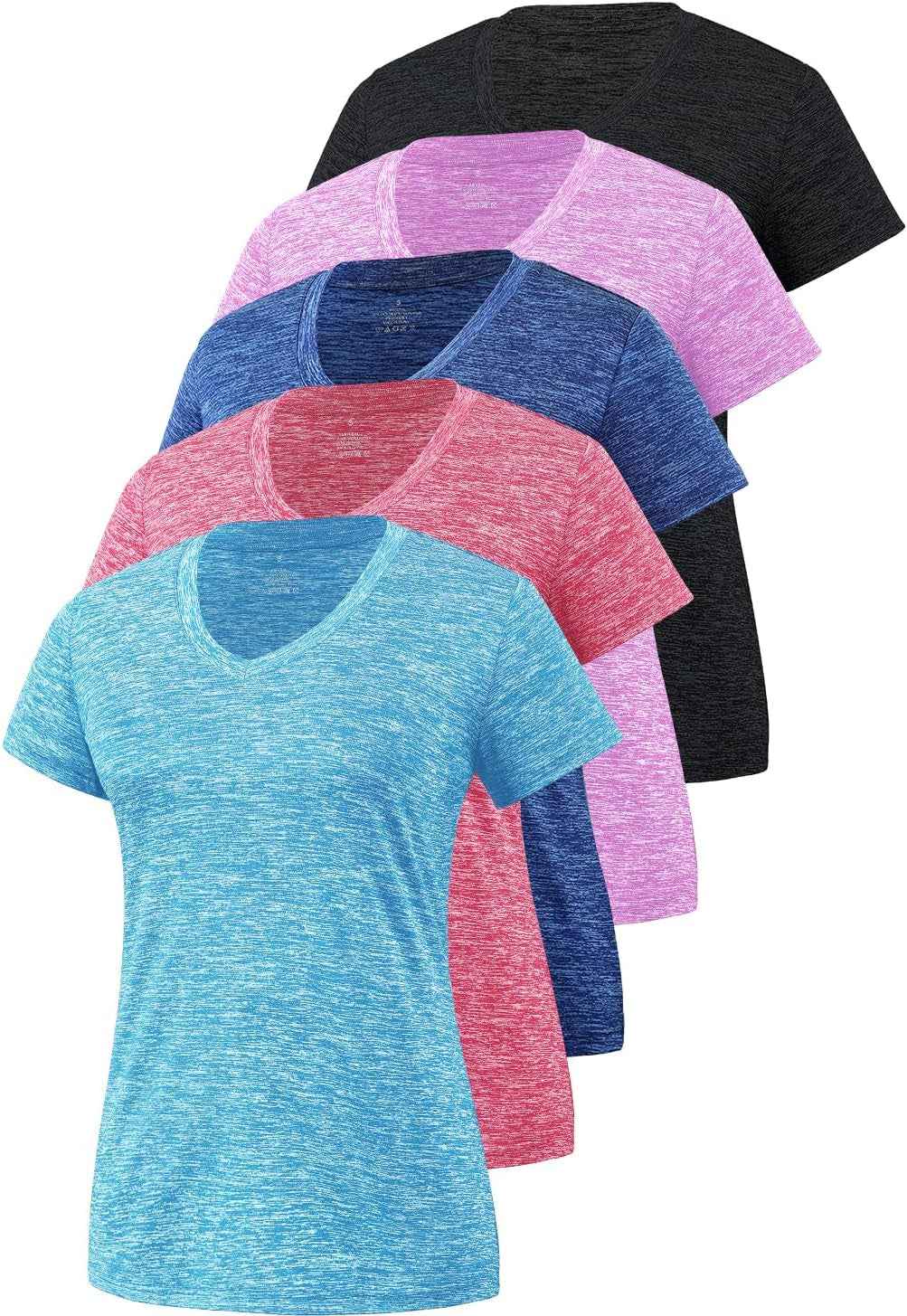 5-Pack Women's Short Sleeve Dry Fit T-Shirt - Moisture Wicking Athletic V-Neck Tee