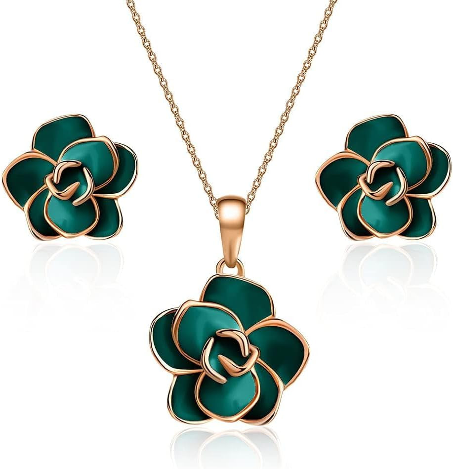 18K Gold Plated Hypoallergenic Rose Flower Necklace Earrings Set 