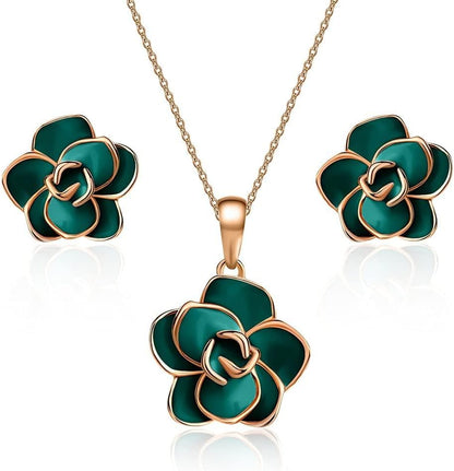 18K Gold Plated Hypoallergenic Rose Flower Necklace Earrings Set 