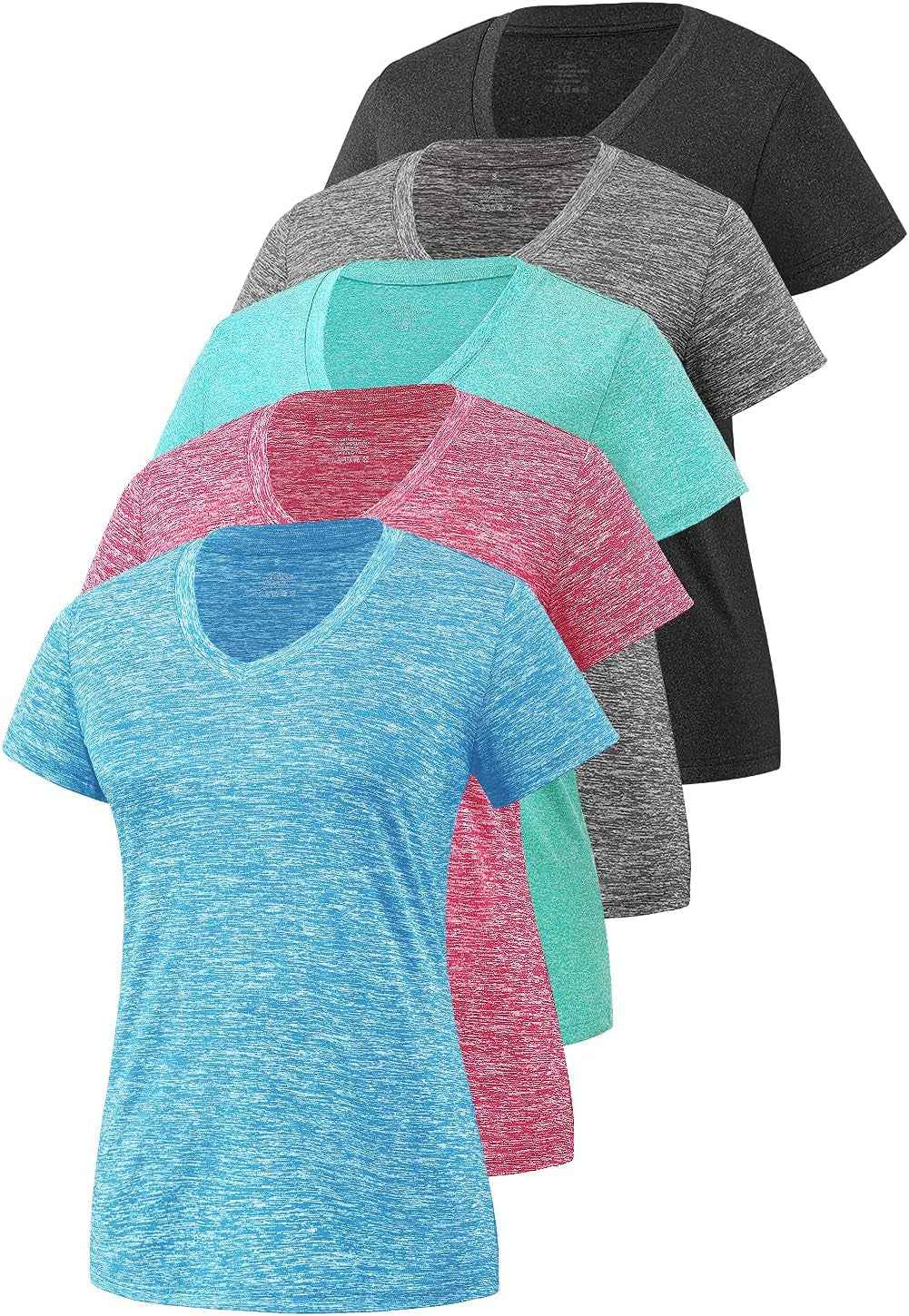 5-Pack Women's Short Sleeve Dry Fit T-Shirt - Moisture Wicking Athletic V-Neck Tee