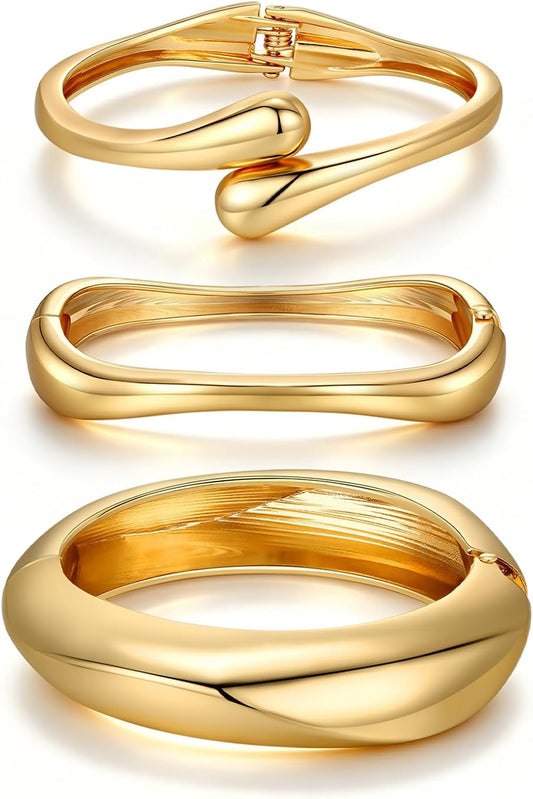 14K Gold Plated Chunky Bangle Bracelet Set