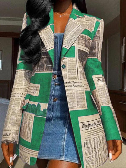 Women's All over Newspaper Print Button Front Blazer