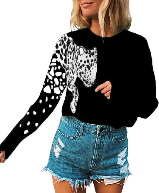 Women's Knitted Leopard Printed Patchwork Long Sleeve Cropped Sweater