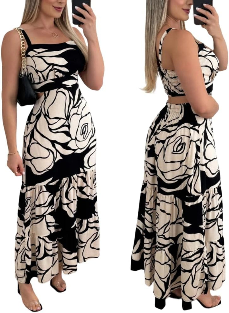 Effortlessly Elegant: Sleeveless Boho Square Neck Cut Out Maxi Dress in Classic Black