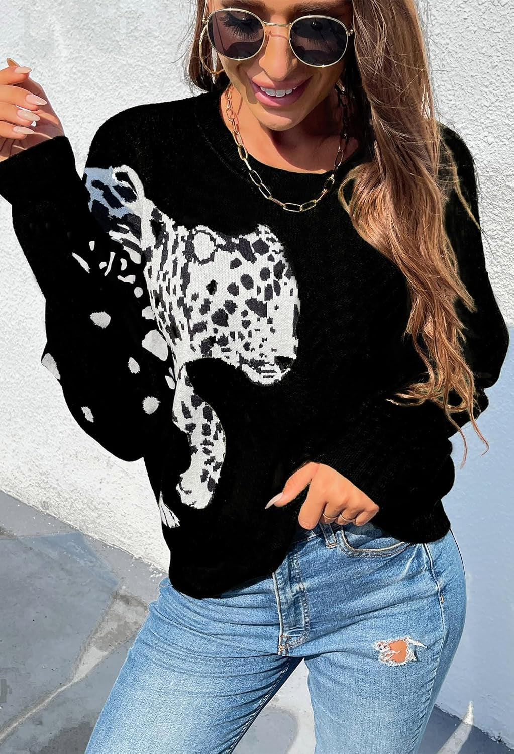 Women's Knitted Leopard Printed Patchwork Long Sleeve Cropped Sweater