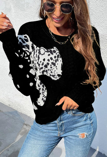 Women's Knitted Leopard Printed Patchwork Long Sleeve Cropped Sweater