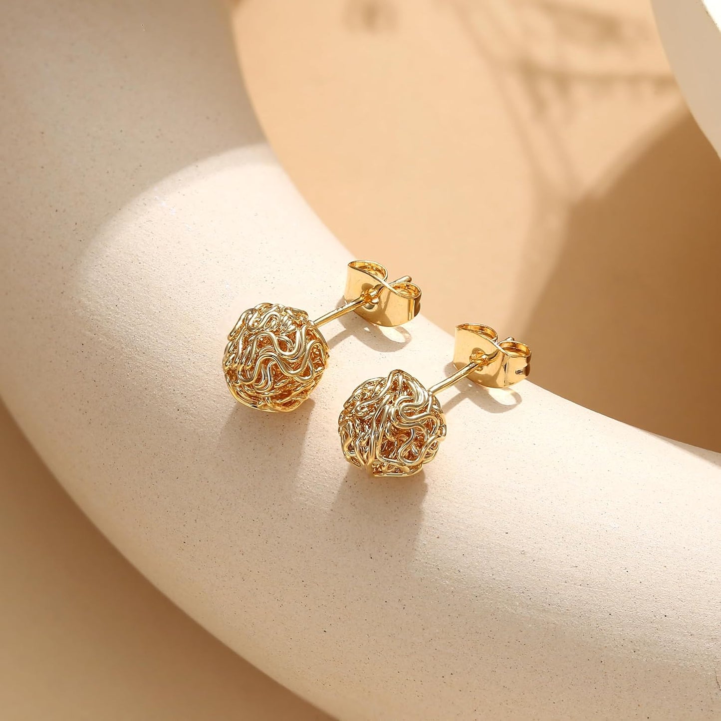3 Pairs 14K Gold Plated Knot Stud Earrings for Women – Hypoallergenic Woven Ball Earrings Set for Sensitive Ears