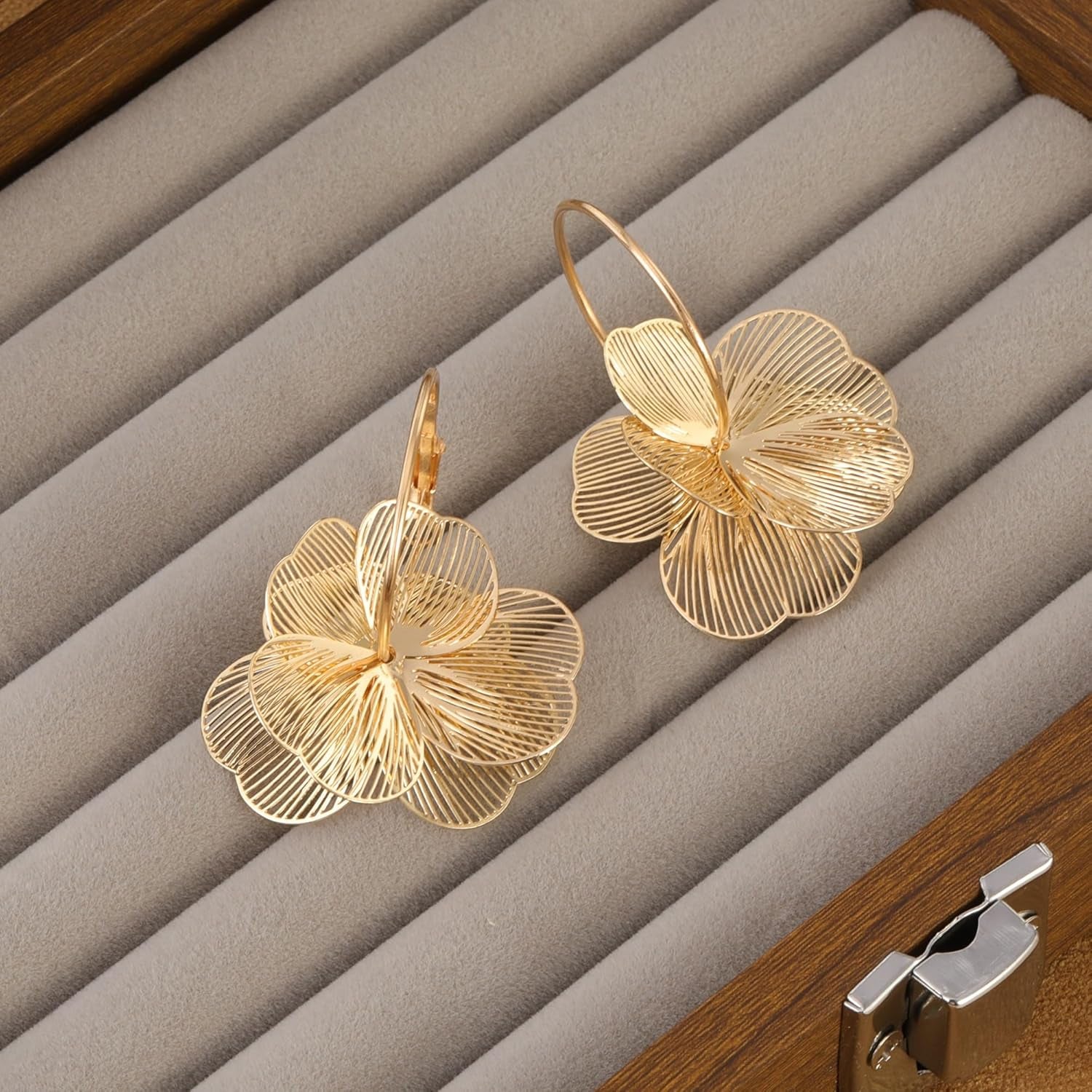 GAXAYA Dangle Flower Earrings - Elegant Gold-Tone Floral Hoop Jewelry for Women