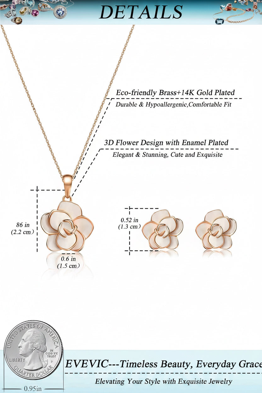 18K Gold Plated Hypoallergenic Rose Flower Necklace Earrings Set 