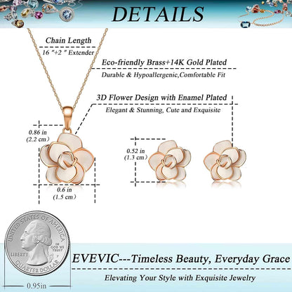 18K Gold Plated Hypoallergenic Rose Flower Necklace Earrings Set 