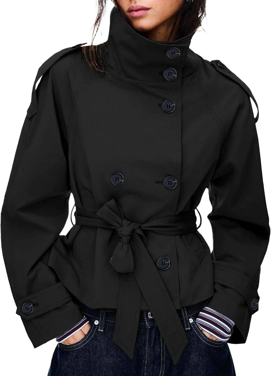Double-Breasted Cropped Trench Coat with Removable Belt