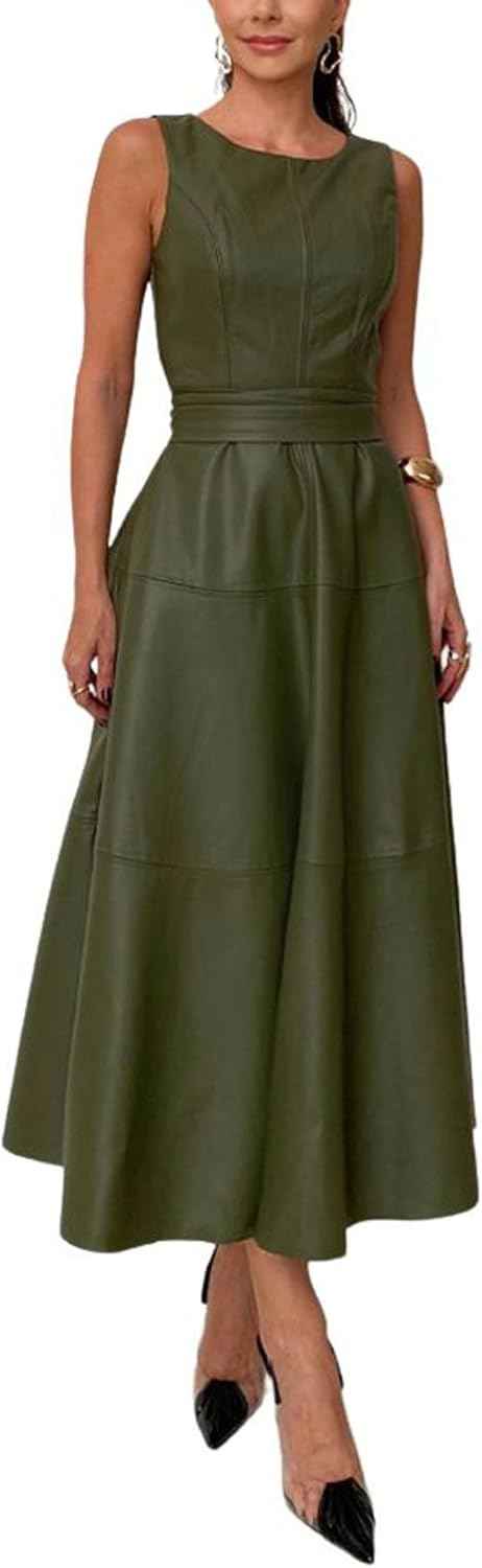 Women PU Faux Leather Sleeveless Elegant Flowy Long Dress with Belt
