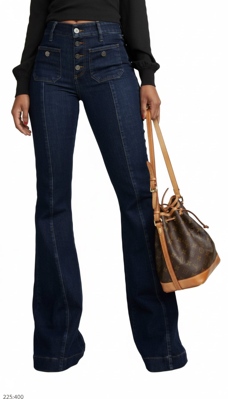 Women's Flare Bell Bottom High Waist Jeans - Vintage Stretch Bootcut Denim Trouser with Pocket