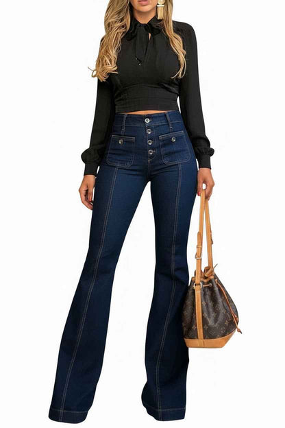 Women's Flare Bell Bottom High Waist Jeans - Vintage Stretch Bootcut Denim Trouser with Pocket