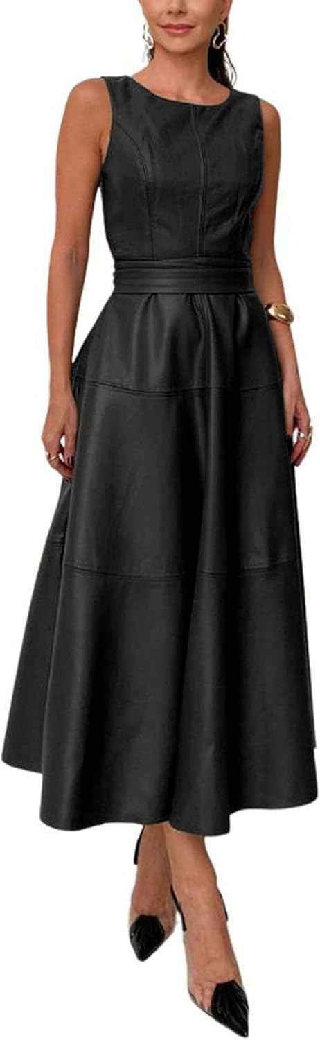 Women PU Faux Leather Sleeveless Elegant Flowy Long Dress with Belt