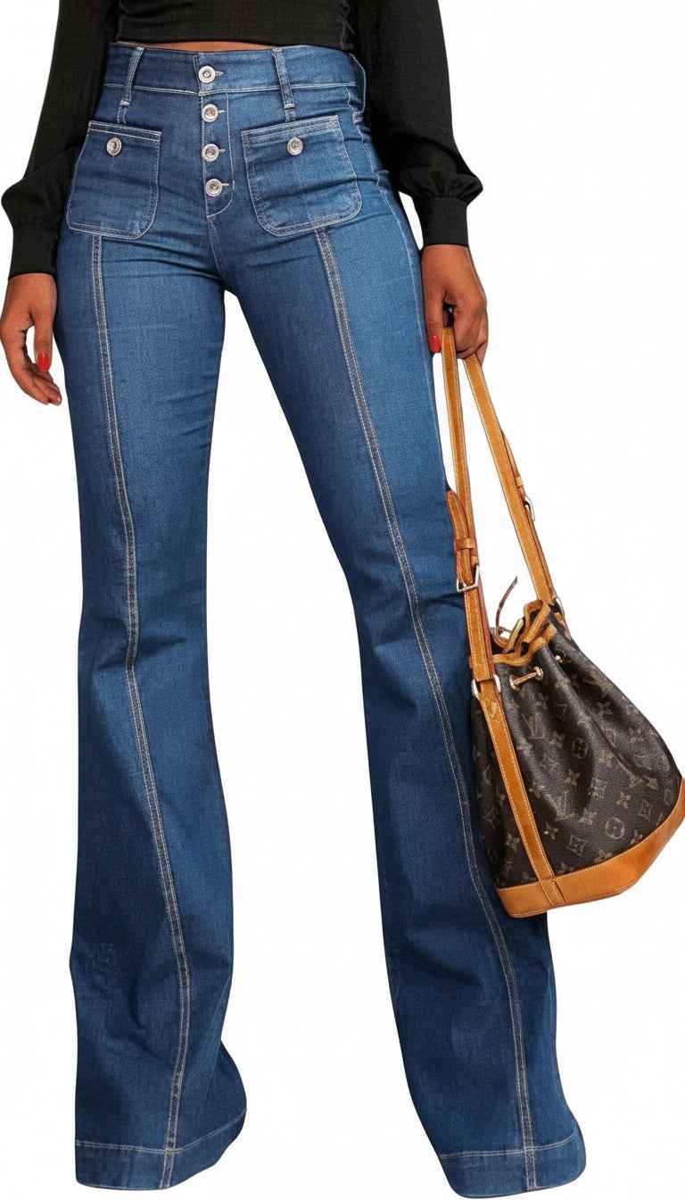 Women's Flare Bell Bottom High Waist Jeans - Vintage Stretch Bootcut Denim Trouser with Pocket