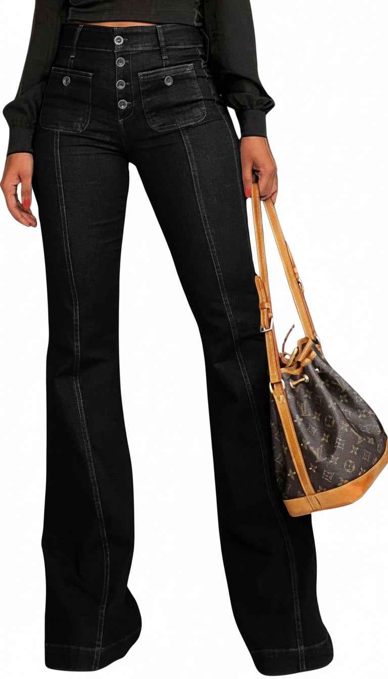 Women's Flare Bell Bottom High Waist Jeans - Vintage Stretch Bootcut Denim Trouser with Pocket
