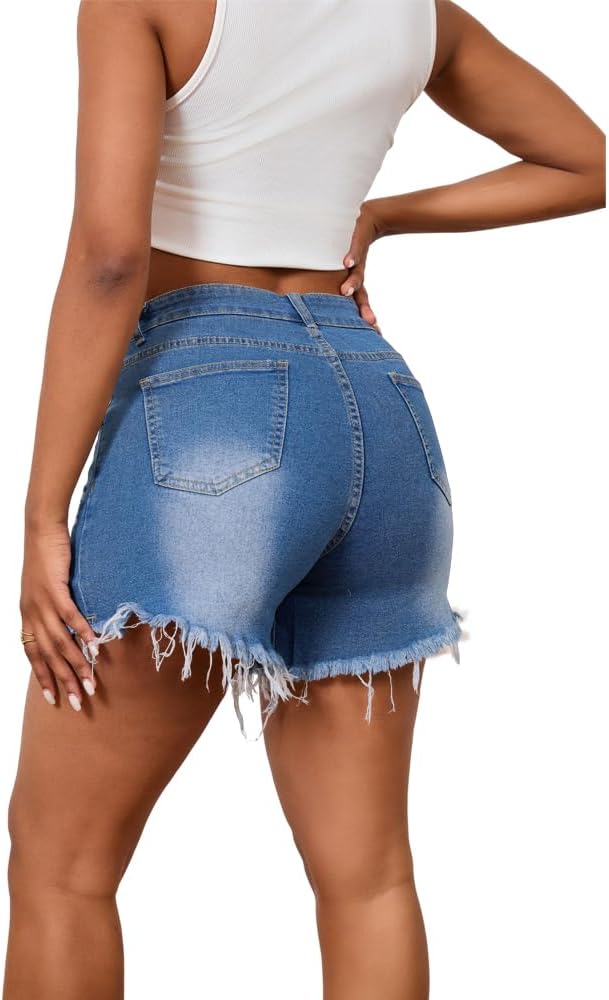 High Waisted Crossover Jean Shorts for Women – Ripped Raw Hem Denim Summer Shorts