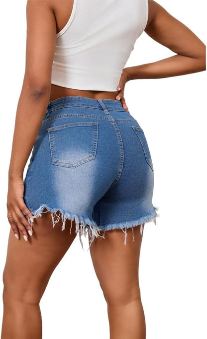 High Waisted Crossover Jean Shorts for Women – Ripped Raw Hem Denim Summer Shorts