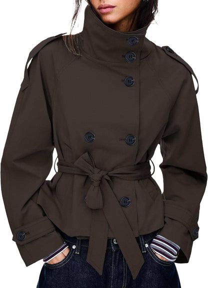 Double-Breasted Cropped Trench Coat with Removable Belt