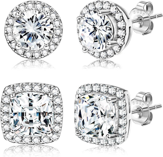 18K Gold Plated Diamond Halo Stud Earring Set 925 Sterling Silver Cubic Zirconia with round Square 