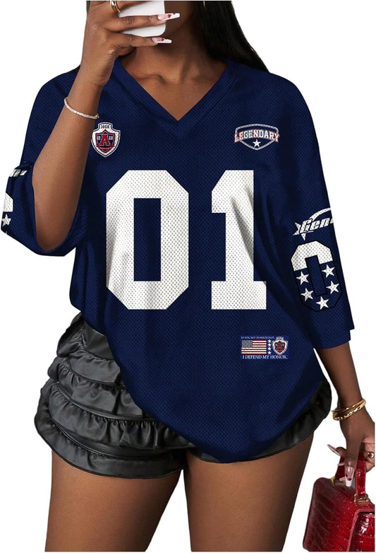 Women’s Mesh Football Jersey Shirt – Number Graphic V Neck 3/4 Sleeve Sports Tee