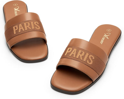 Chic and Comfortable Women's Slip-On Flat Dressy Slides in Brown