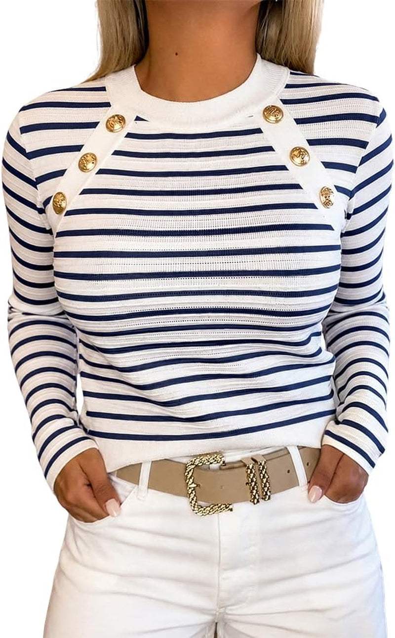 French Stripe Crewneck Knit Sweater with Gold Button Accents