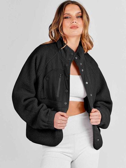 Womens Fuzzy Fleece Cropped Sherpa Button down Jacket