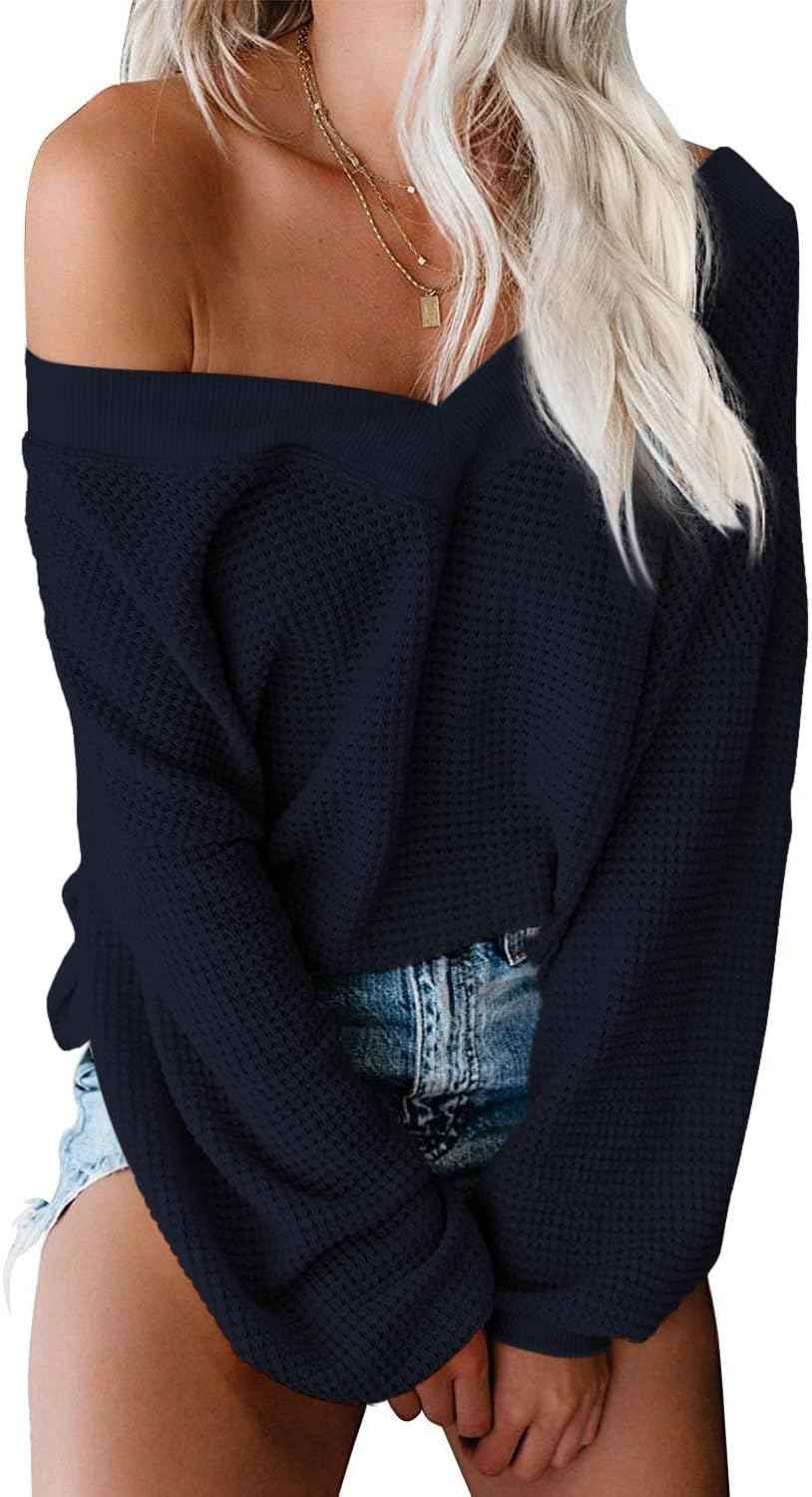 Women's Oversized off the Shoulder Long Sleeve Waffle Knit Sweater Top