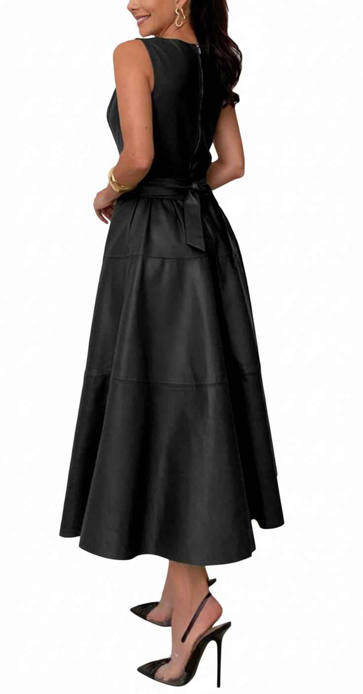 Women PU Faux Leather Sleeveless Elegant Flowy Long Dress with Belt