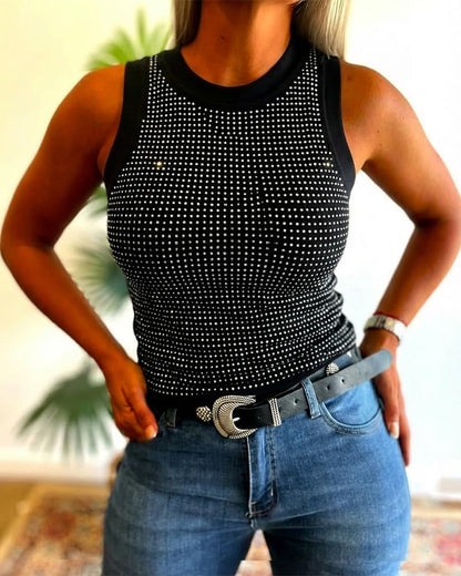 Women’s Rhinestone Mock Neck Sleeveless Knit Tank 