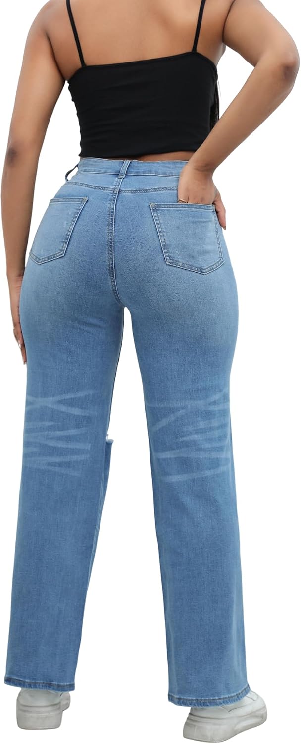 Women's High Waisted Ripped Wide Leg Baggy Jeans
