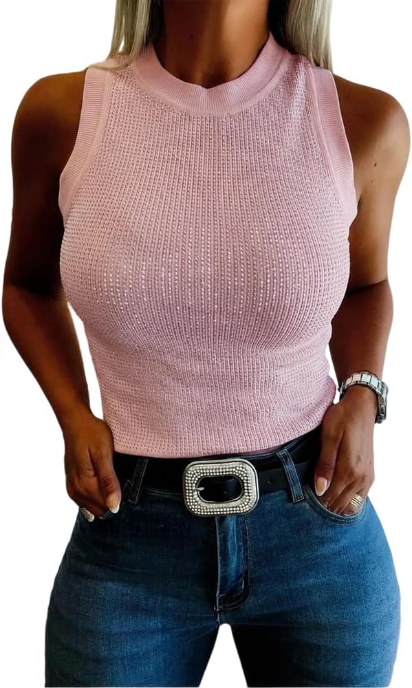 Women’s Rhinestone Mock Neck Sleeveless Knit Tank 