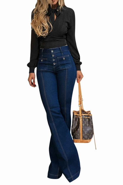 Women's Flare Bell Bottom High Waist Jeans - Vintage Stretch Bootcut Denim Trouser with Pocket
