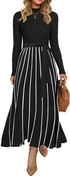 Womens Turtleneck Long Sleeve Tie Waist Sweater Midi Dress