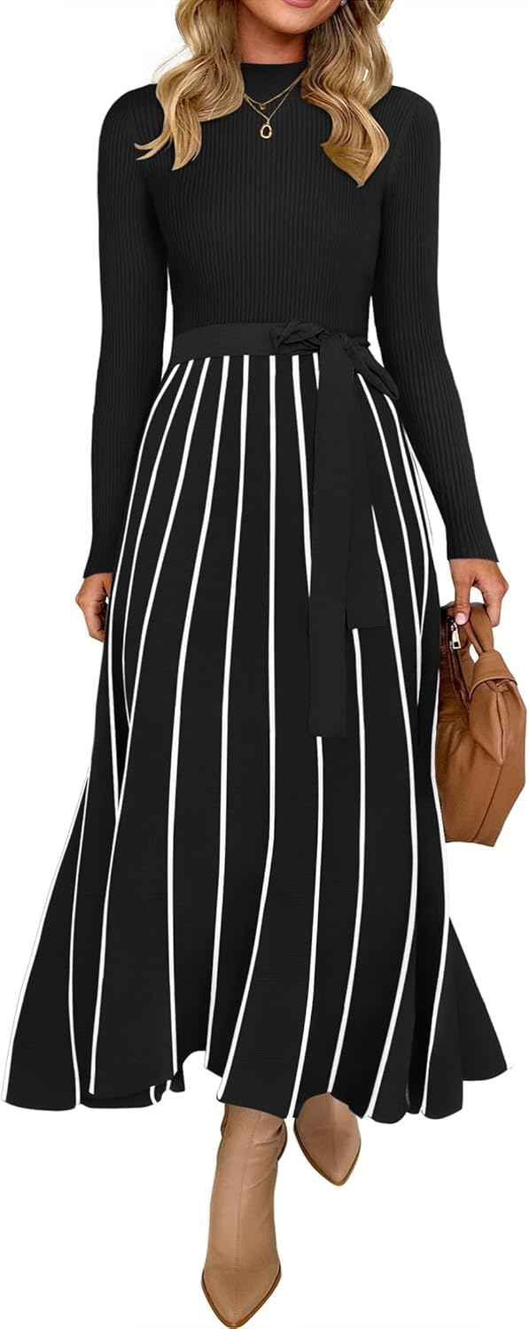 Womens Turtleneck Long Sleeve Tie Waist Sweater Midi Dress